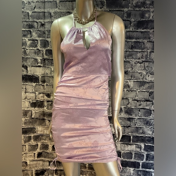 Y2K Vintage 90s Vibes Pastel Purple Satin Floral Brocade Mini Dress - Picture 8 of 9